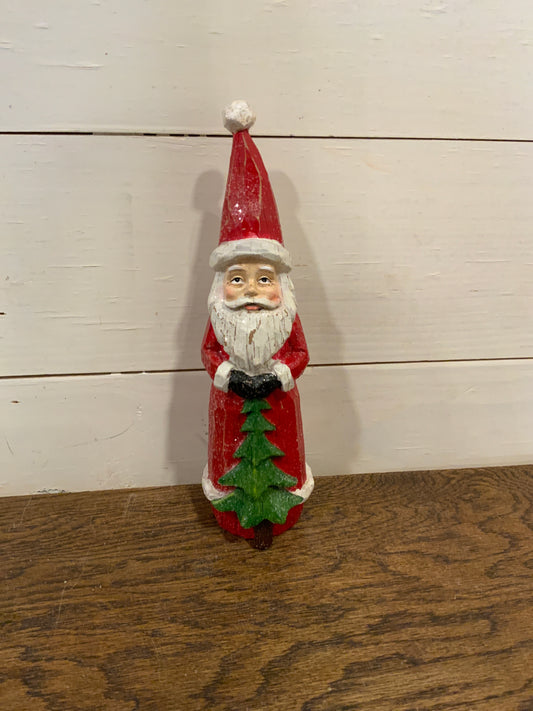 9.5” wood carved Santa w/tree