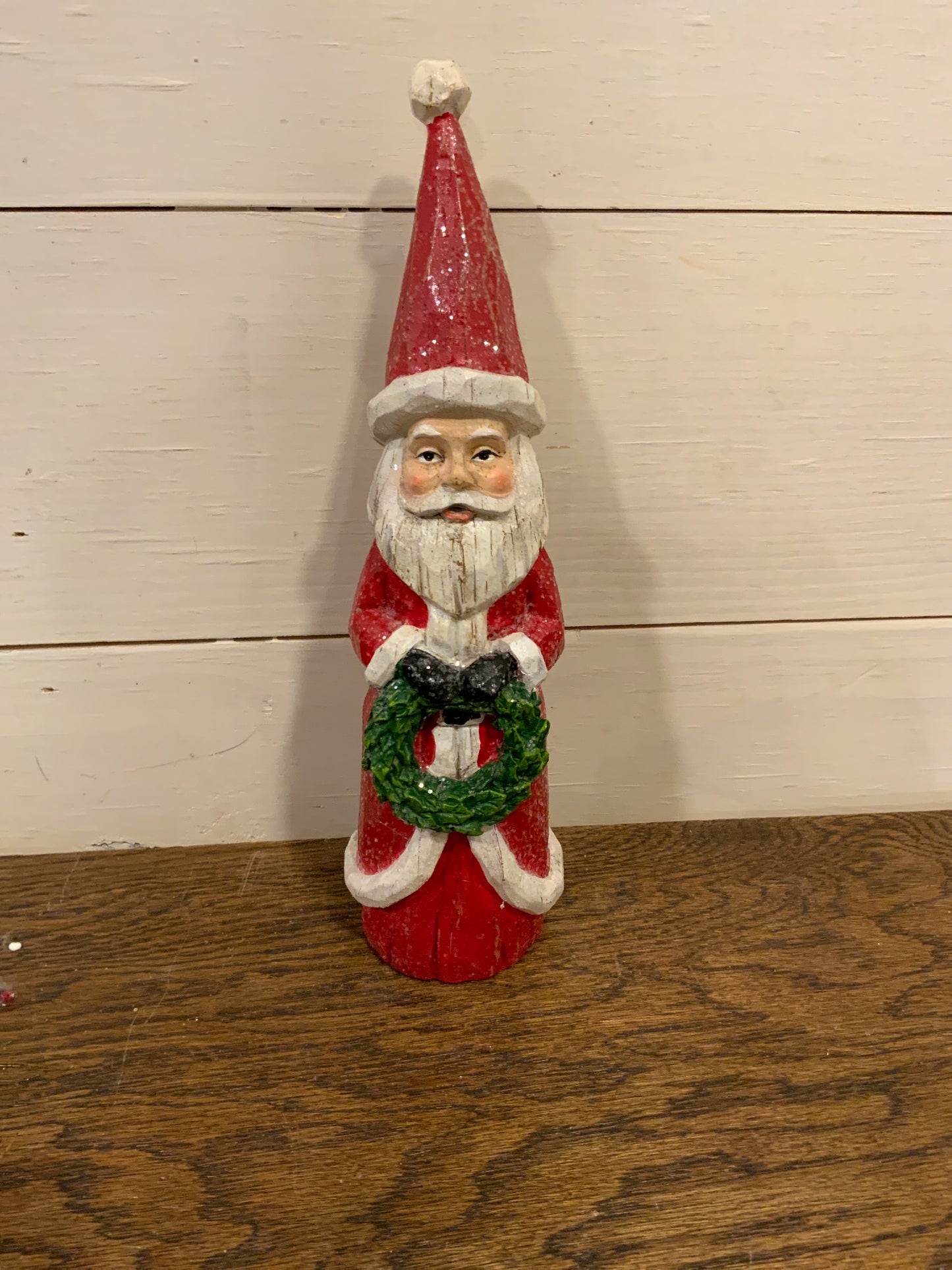 10” wood carved Santa w/wreath