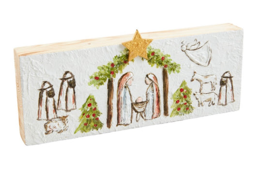 Long painted nativity plaque