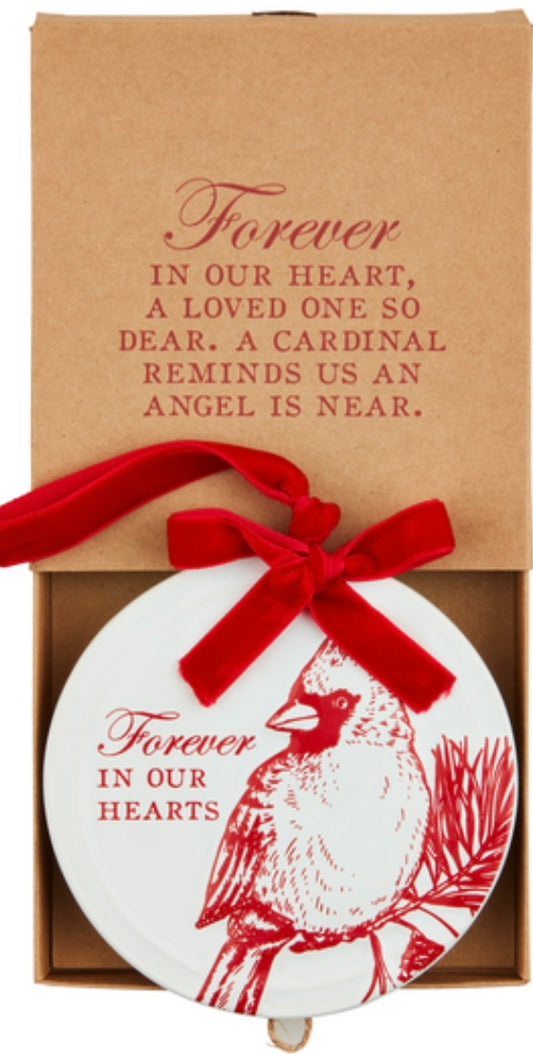 Cardinal ceramic box ornament w/bow