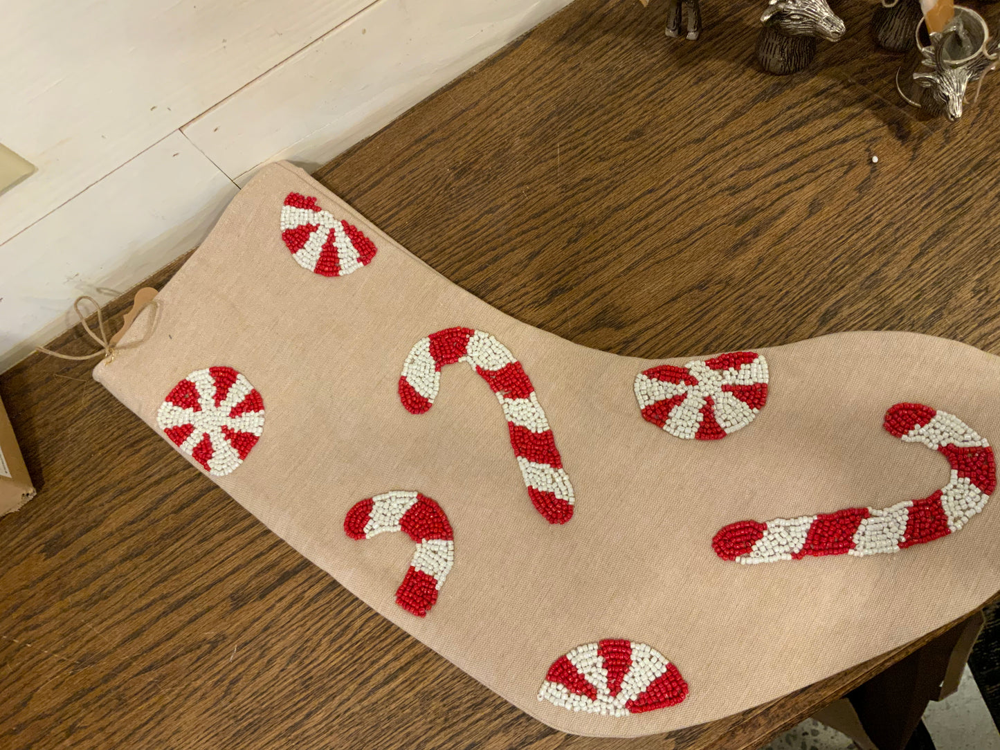 Candy cane beaded stocking